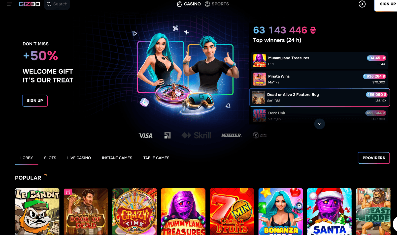 Gizbo Casino home page
