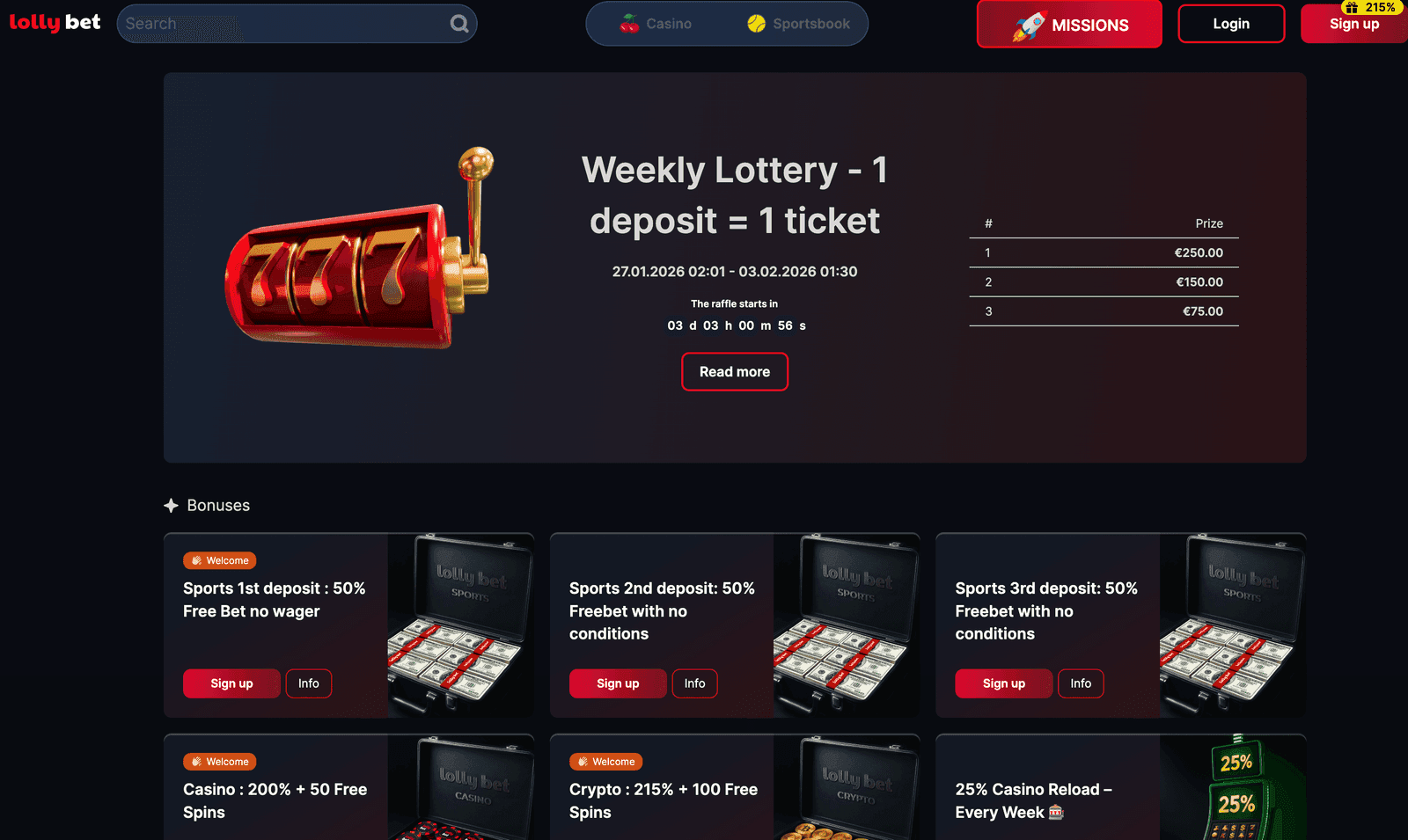 LollyBet bonus screen