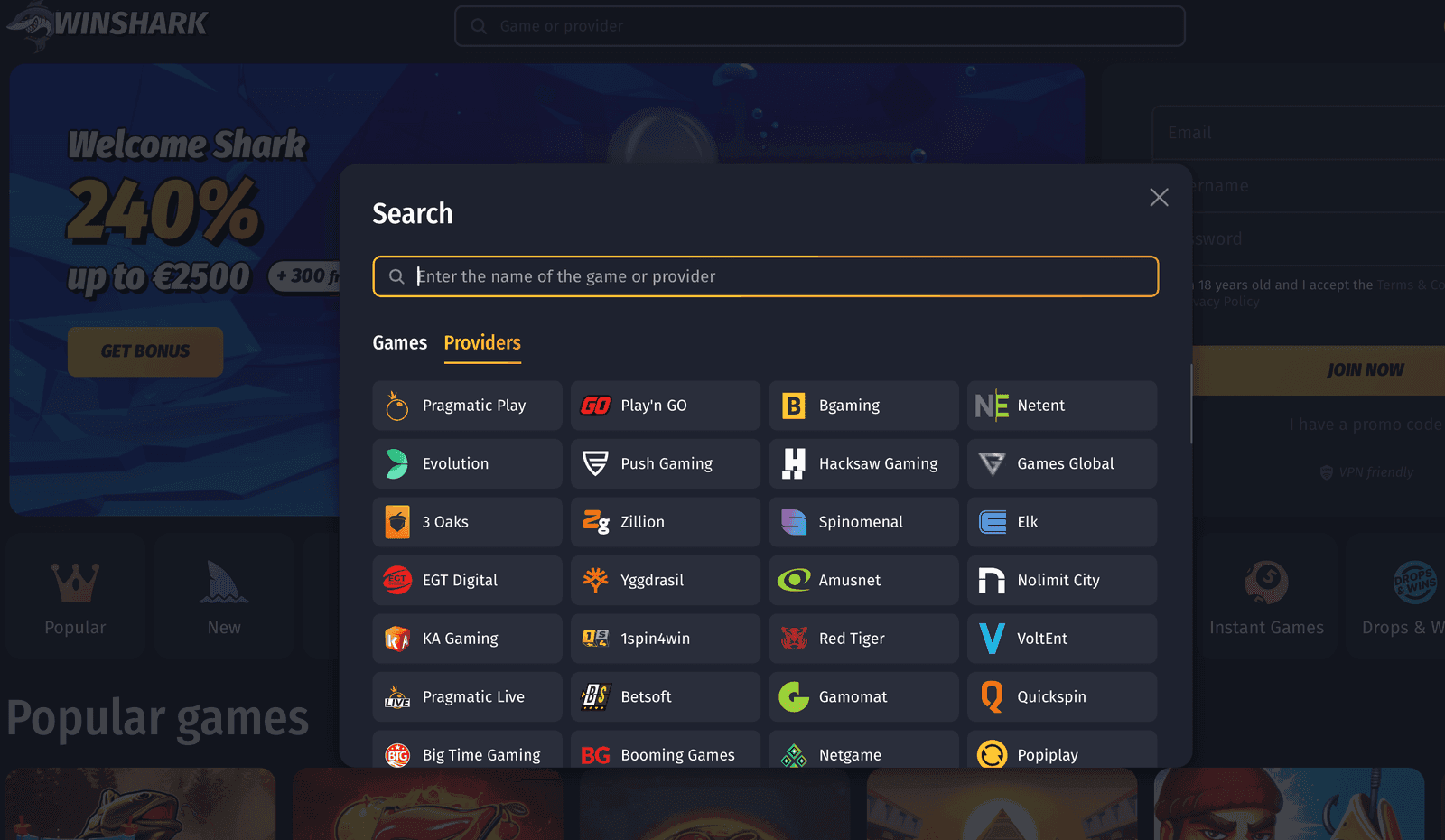 Winshark slot providers