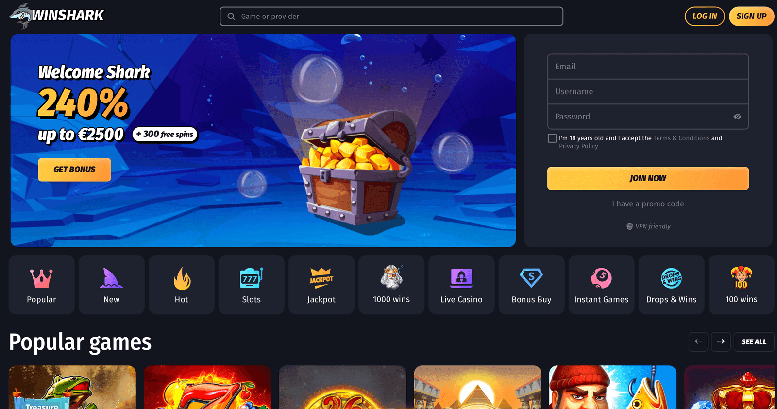 Winshark Casino lobby