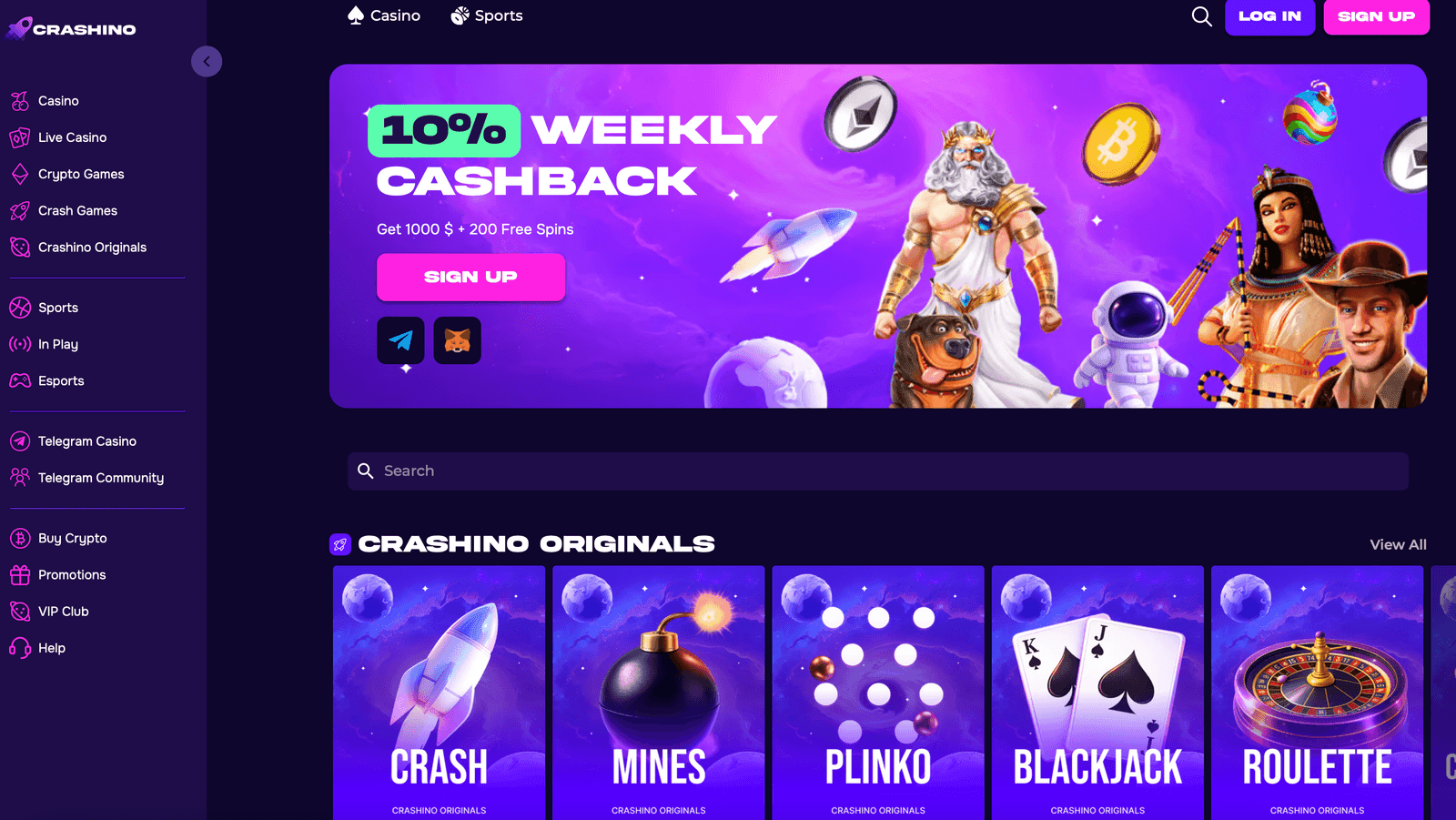 Crashino Casino lobby for Irish visitors