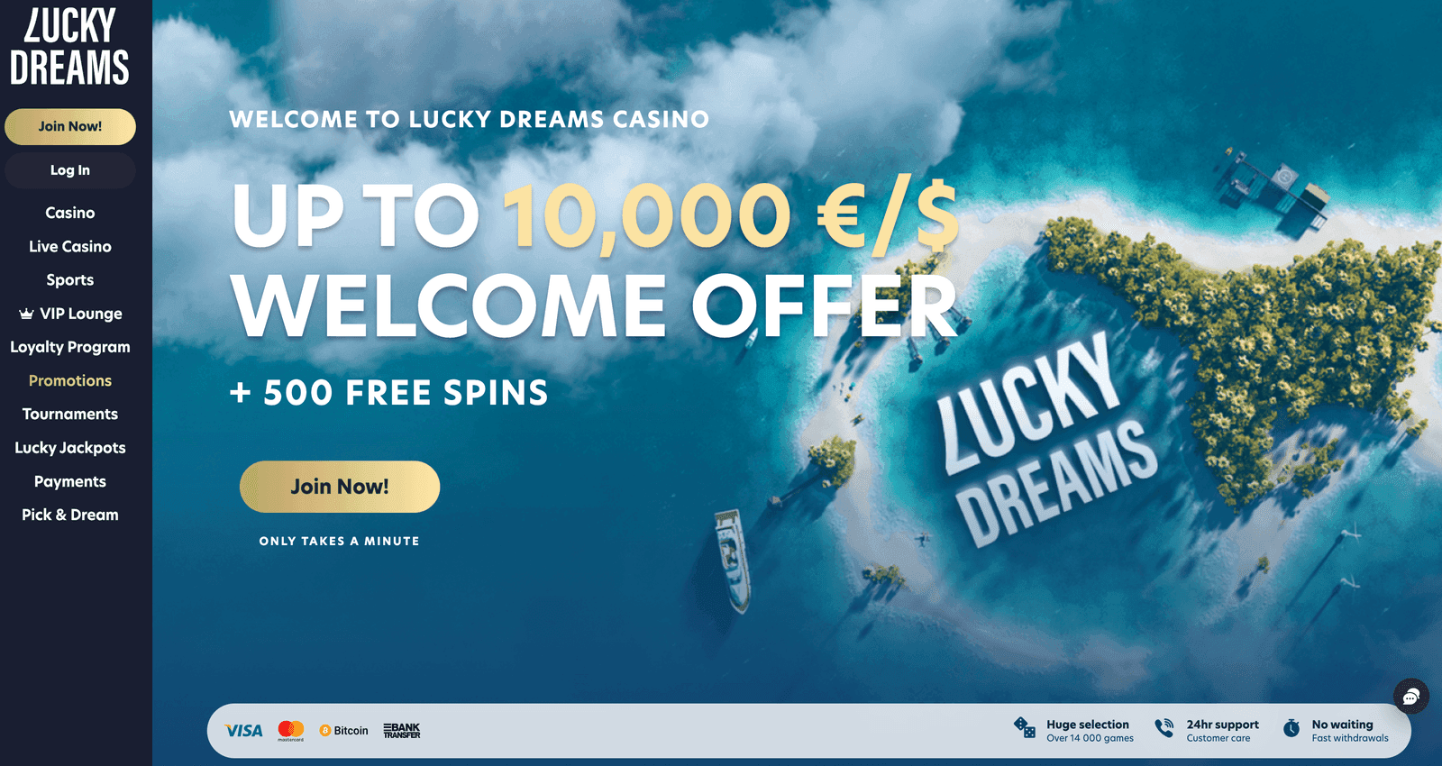 Lucky Dreams Casino homepage, paradise theme